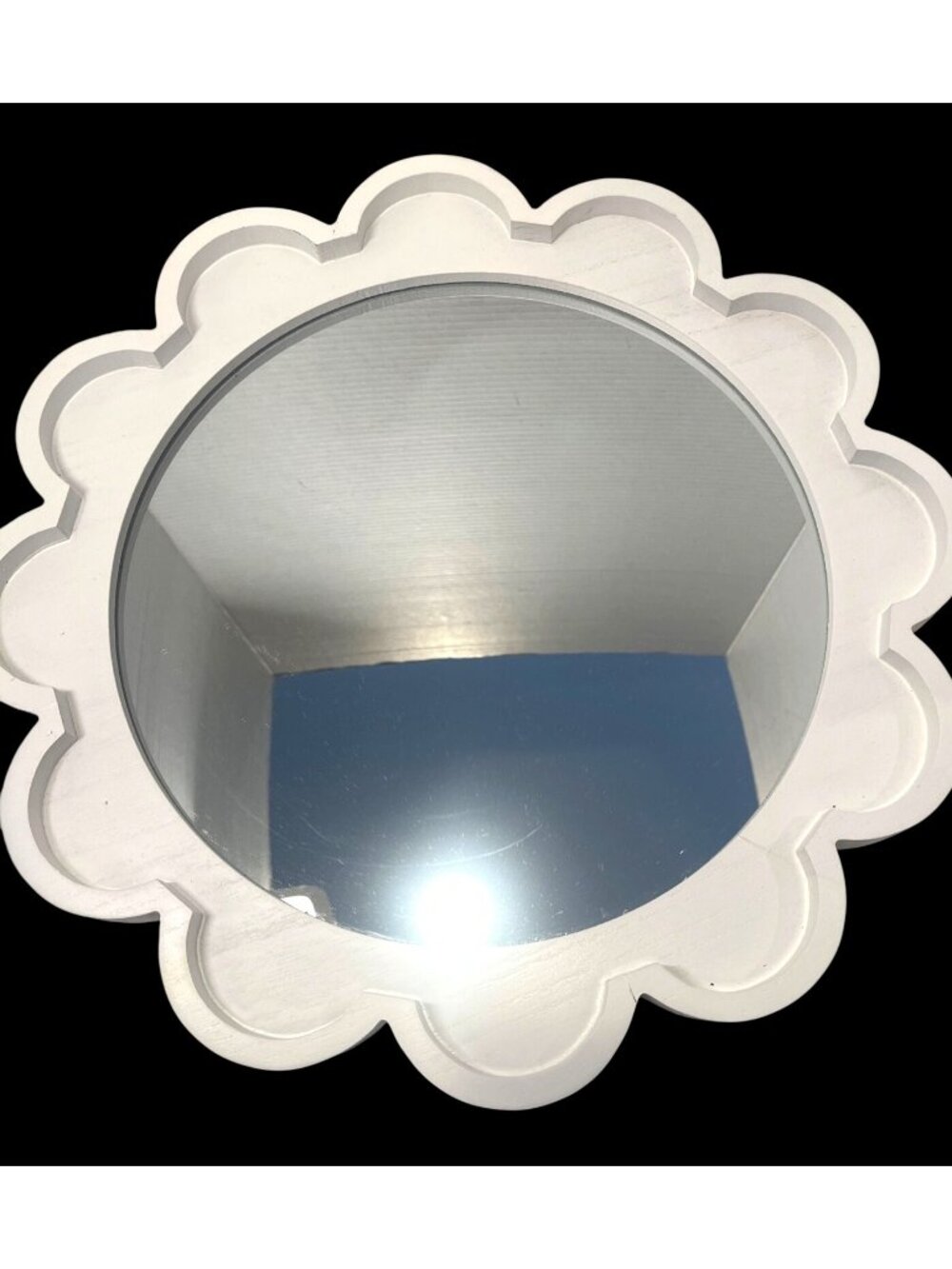 Scalloped White Wood Wall Mirror 15" Round Decorative Accent